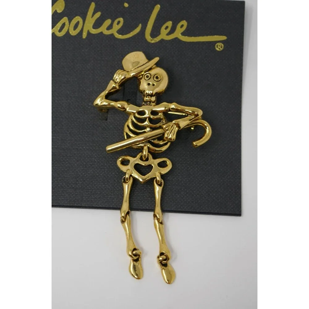 Cookie Lee Halloween Punk Goth Articulated Dangling Gold Skeleton Brooch Pin NWT